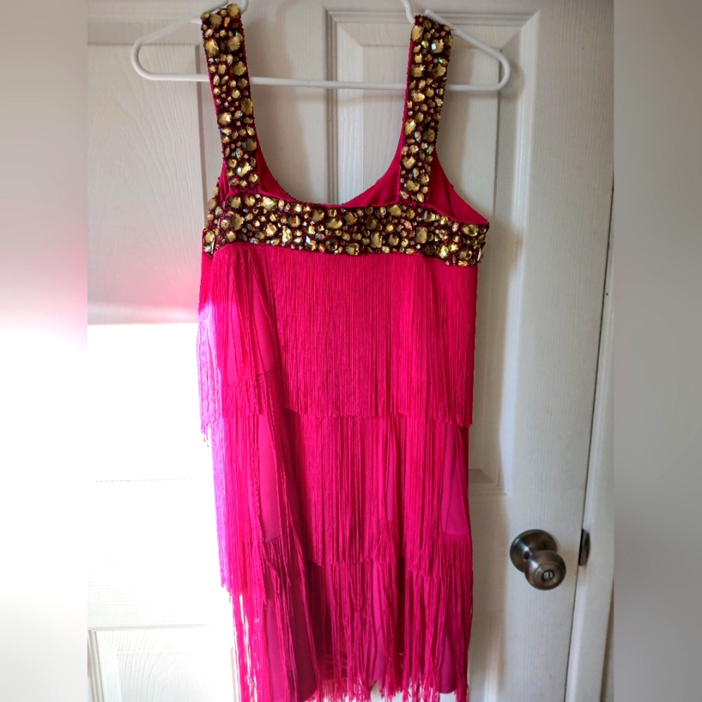 Fringe mini dress with jewel neckline